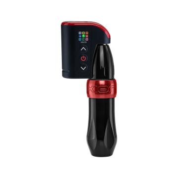 FK Irons Spektra Xion Rotary Maskin i svart/rubinröd & Darklab: Lightning Bolt Wireless RCA Battery Pack - enkelpaket