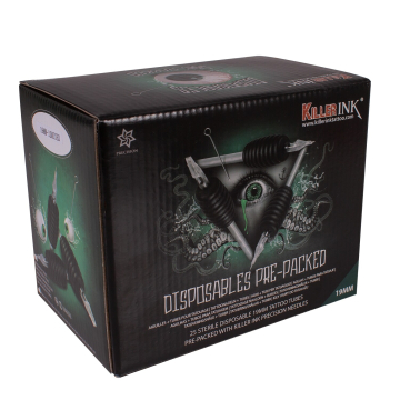 Låda med 25st Blandade Killer Ink Engångsgrepp / Tipp 19mm Tuber Färdigpackade med Precision 0.35MM Nålar